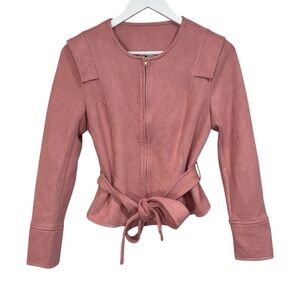 RYEGRASS Faux Suede Light Pink Cropped Moto Zip Up Blazer Jacket With Belt Sz 2